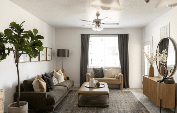 The interior living room of an EDGEhomes build with a green plant in the corner