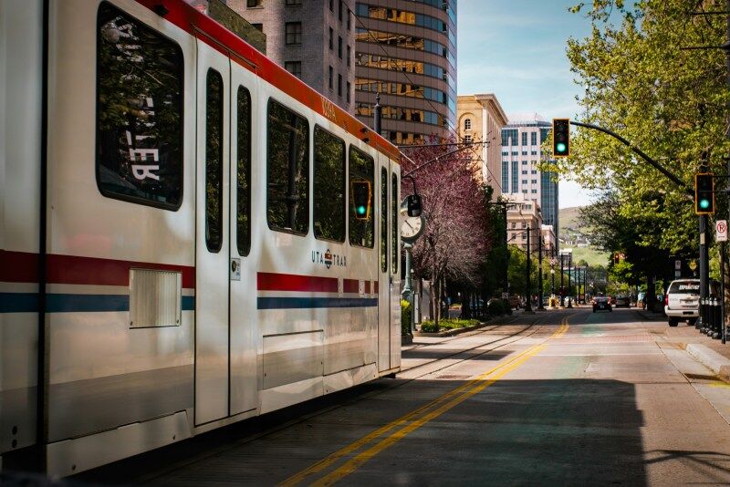 A bus on a street in downtown Salt Lake City, Utah